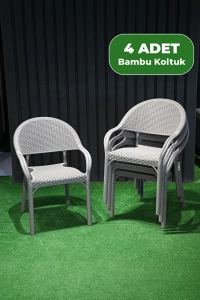 Bambu Rattan Kollu Koltuk 4 Adet Gri
